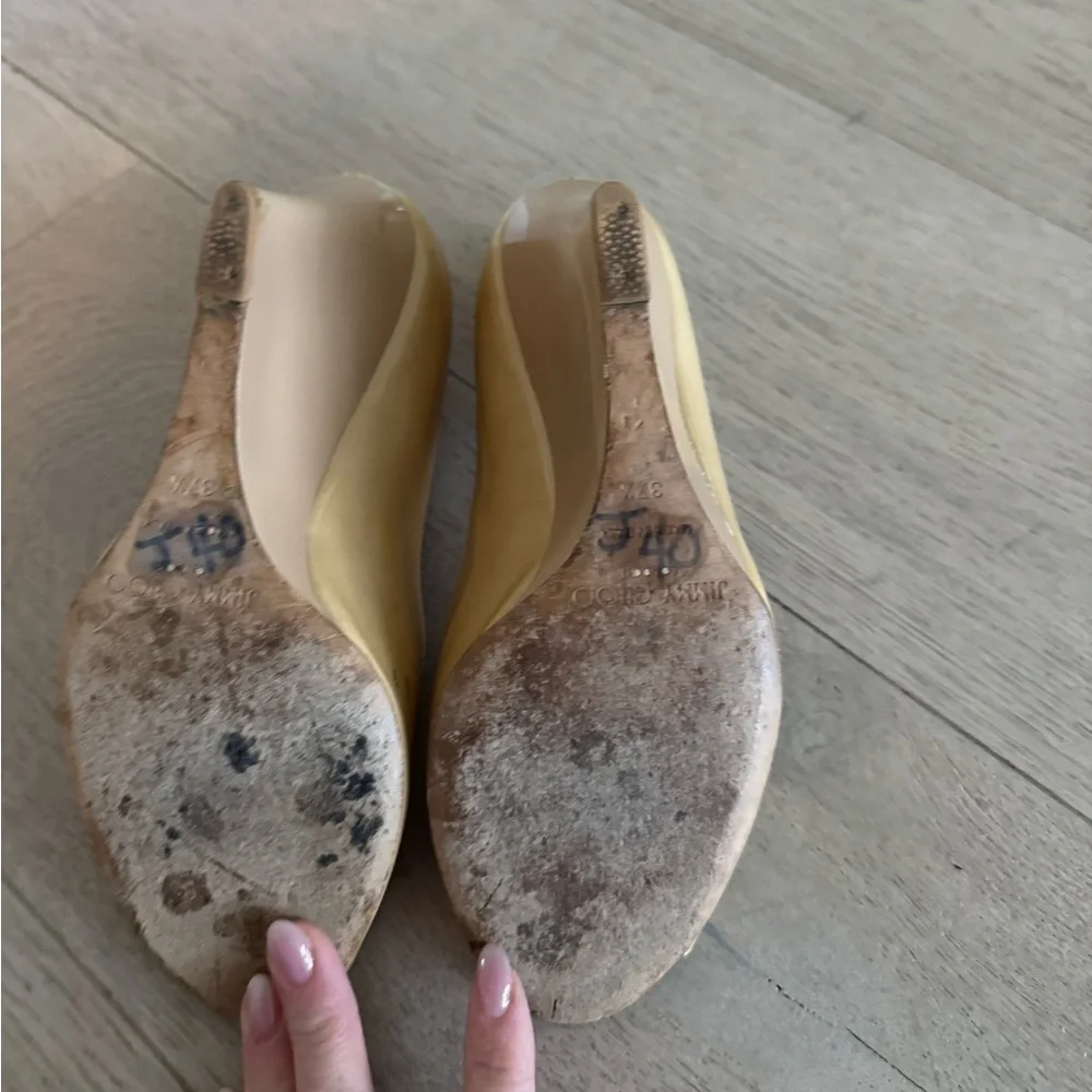 Jimmy Choo Baxen Patent Peep-Toe Wedge Pump size 37.5 Beige color